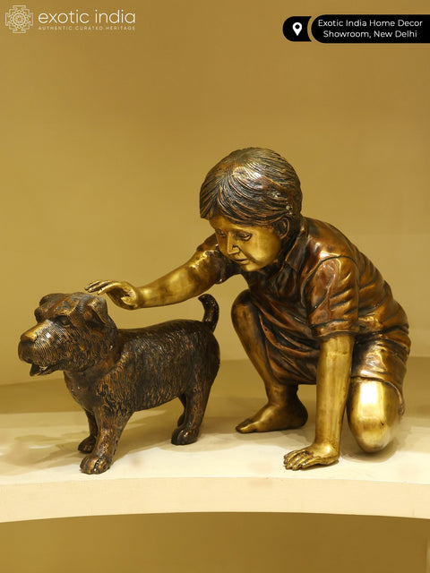 24" Boy Caressing Puppy | Decorative Brass Statue | Home Decor