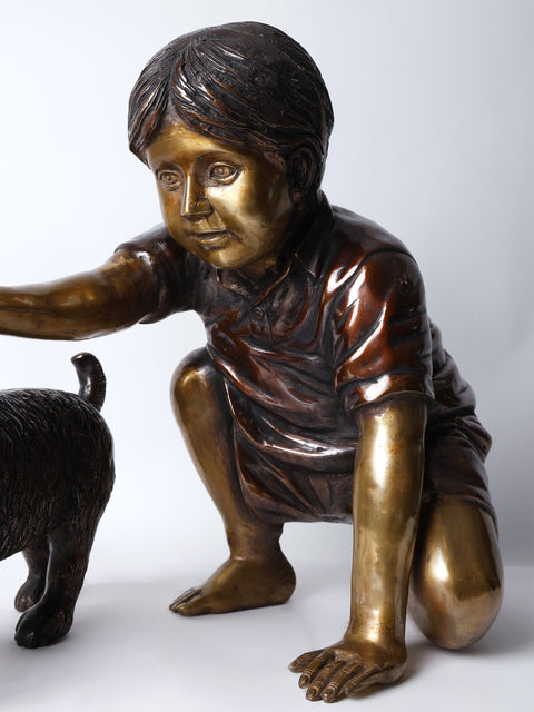 24" Boy Caressing Puppy | Decorative Brass Statue | Home Decor