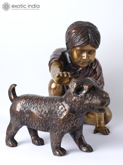 24" Boy Caressing Puppy | Decorative Brass Statue | Home Decor