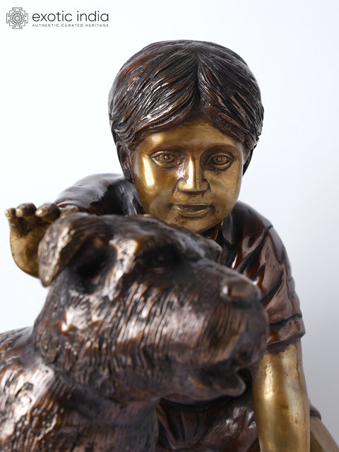 24" Boy Caressing Puppy | Decorative Brass Statue | Home Decor