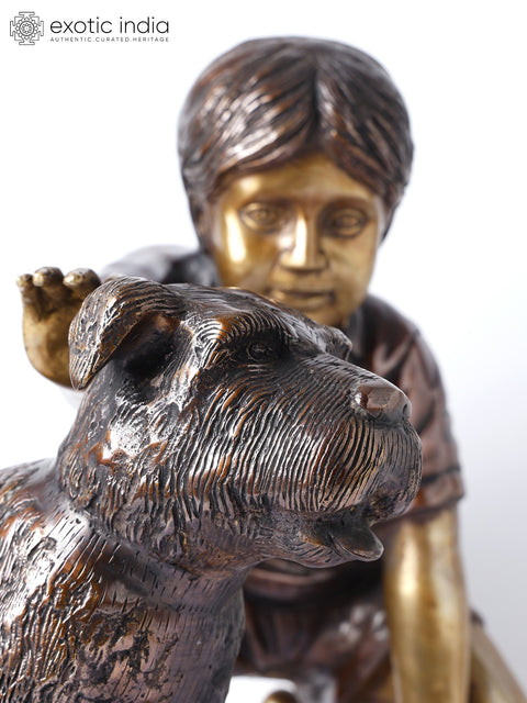 24" Boy Caressing Puppy | Decorative Brass Statue | Home Decor