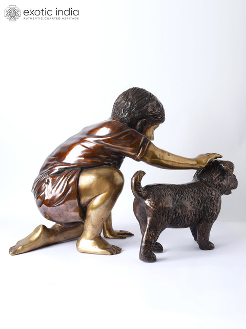 24" Boy Caressing Puppy | Decorative Brass Statue | Home Decor