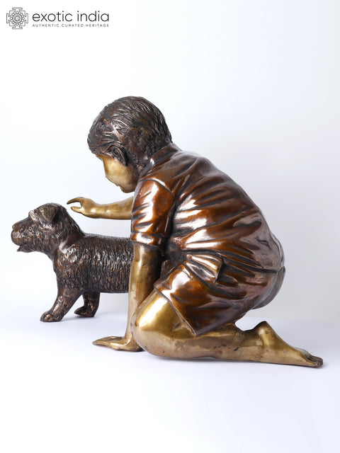 24" Boy Caressing Puppy | Decorative Brass Statue | Home Decor