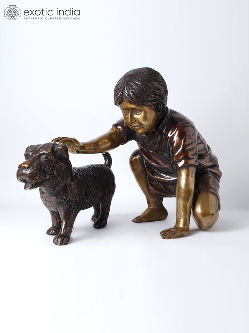 24" Boy Caressing Puppy Handmade Brass Statue for Home Decor