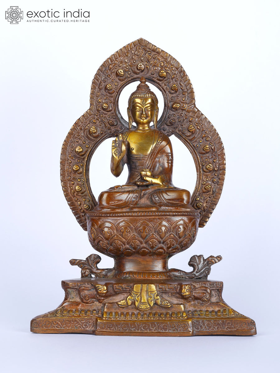 9" Lord Buddha Abhaya Mudra Brass Statue Handmade Seated Throne