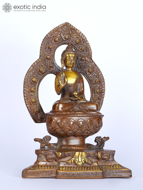 9" Lord Buddha in Abhaya Mudra Seated on Throne | Brass Statue