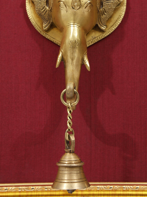 21" Ganesha Dancing on Elephant Bell | Wood Framed Brass Sculpture | Wall Hanging