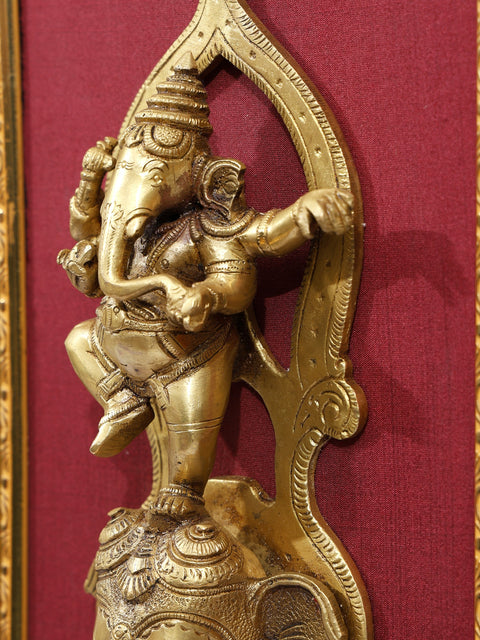 21" Ganesha Dancing on Elephant Bell | Wood Framed Brass Sculpture | Wall Hanging