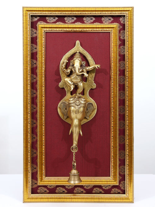 21" Dancing Ganesha Brass Sculpture with Wood Frame Wall Hanging