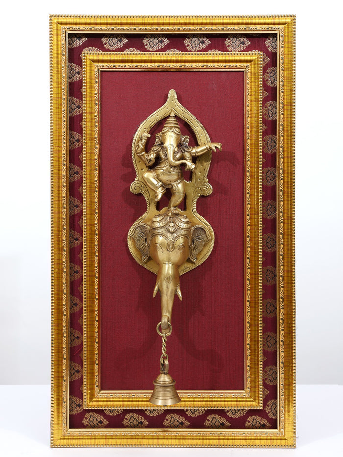 21" Dancing Ganesha Brass Sculpture with Wood Frame Wall Hanging