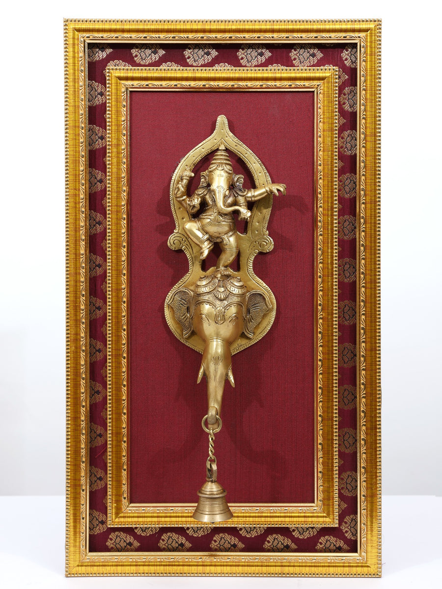 21" Dancing Ganesha Brass Sculpture with Wood Frame Wall Hanging