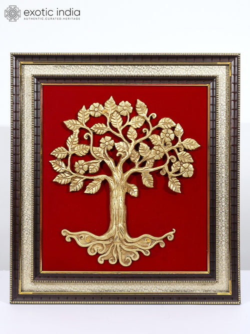 19" Tree of Life Brass Sculpture Wood Framed Wall Hanging
