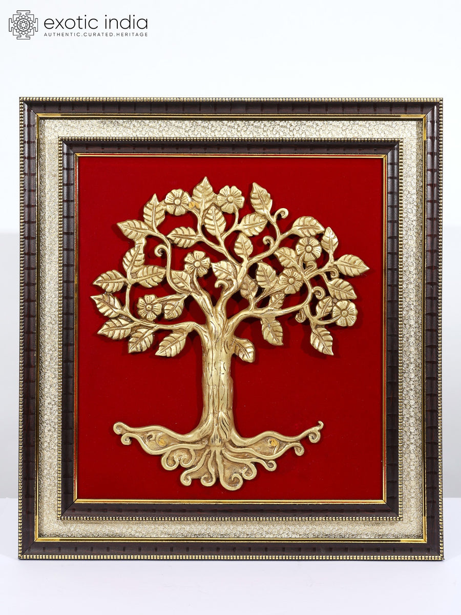 19" Tree of Life Brass Sculpture Wood Framed Wall Hanging