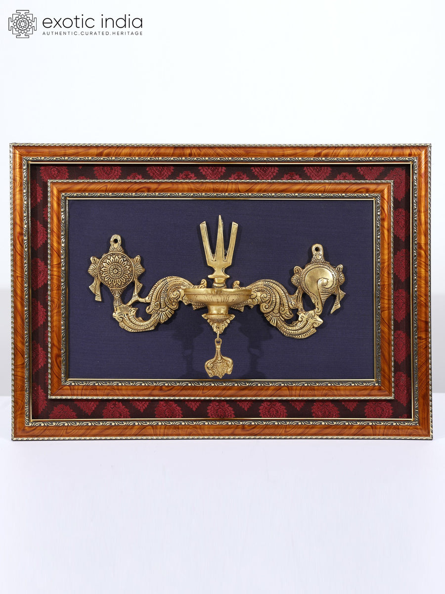 20" Brass Lamp with Vaishnava Symbols Handmade Sculpture
