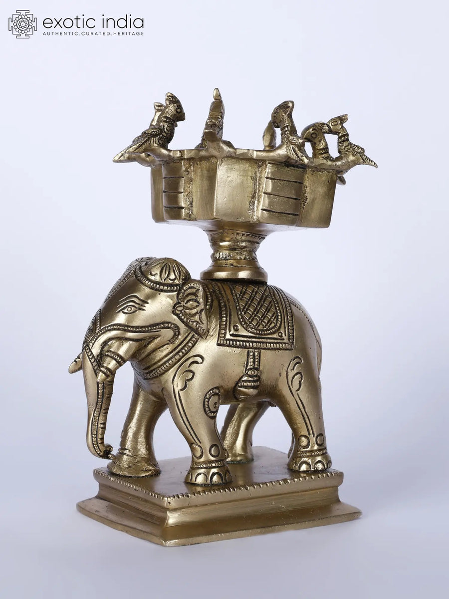6" Brass Elephant Statue with Birds Urli Home Decor