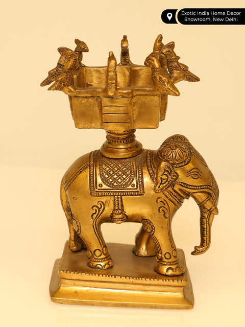 6" Small Elephant Statue with Birds Urli on Top | Brass Statue