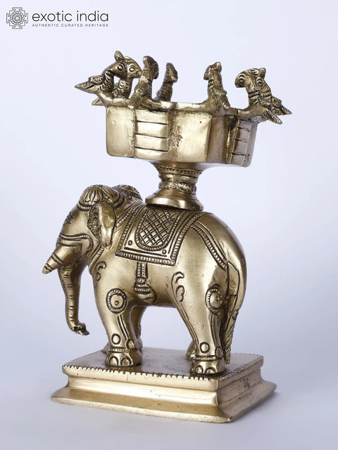6" Small Elephant Statue with Birds Urli on Top | Brass Statue