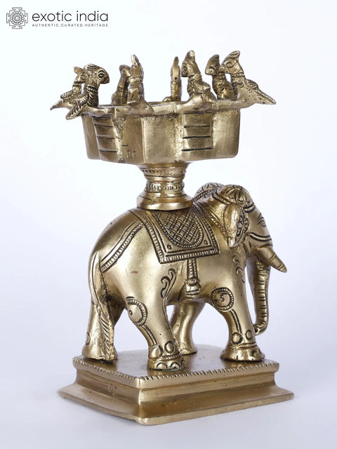 6" Small Elephant Statue with Birds Urli on Top | Brass Statue
