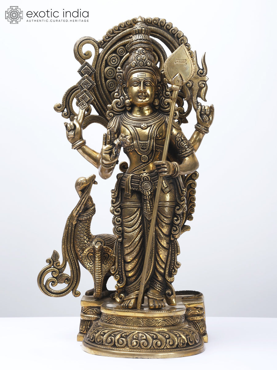 20" Four Armed Lord Murugan with Peacock Brass Statue