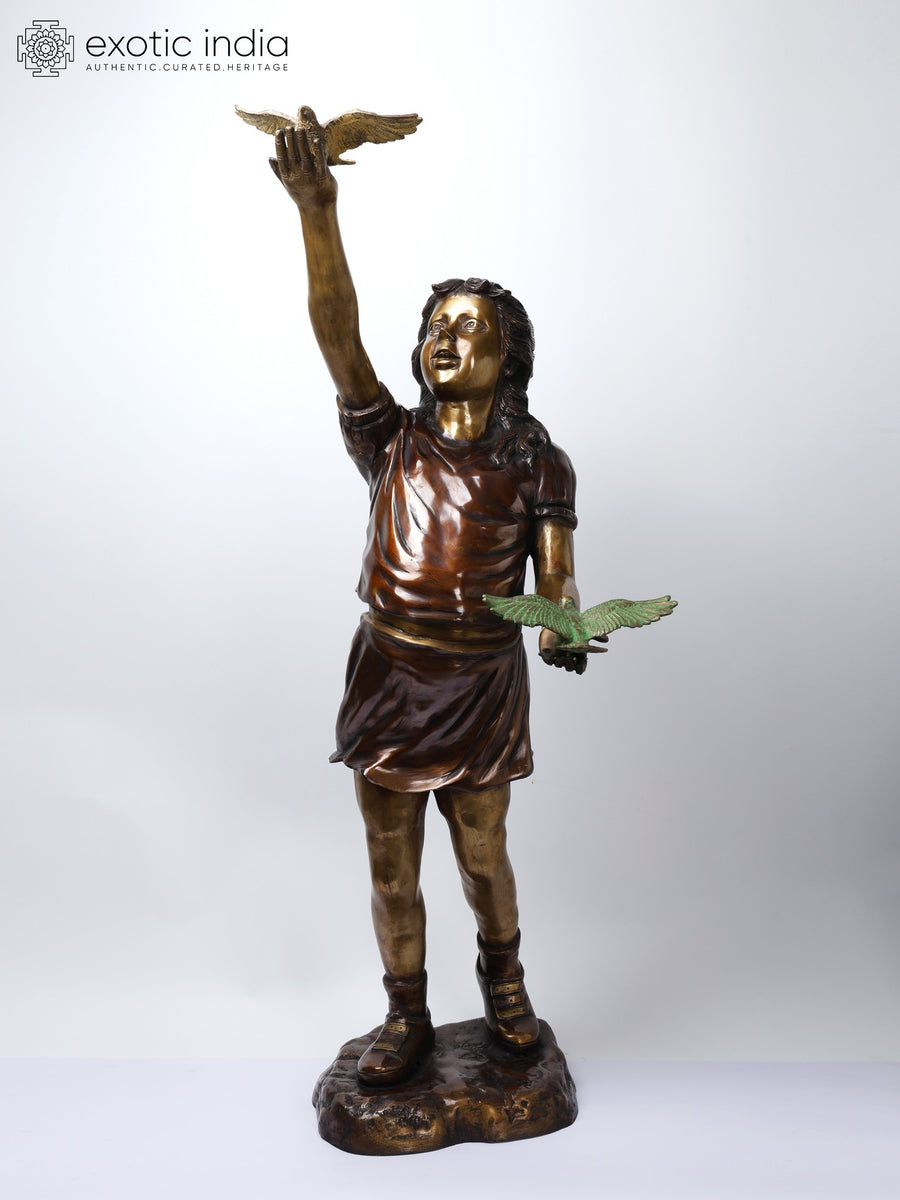 46" Girl Playing with Birds Brass Statue Handmade Home Decor