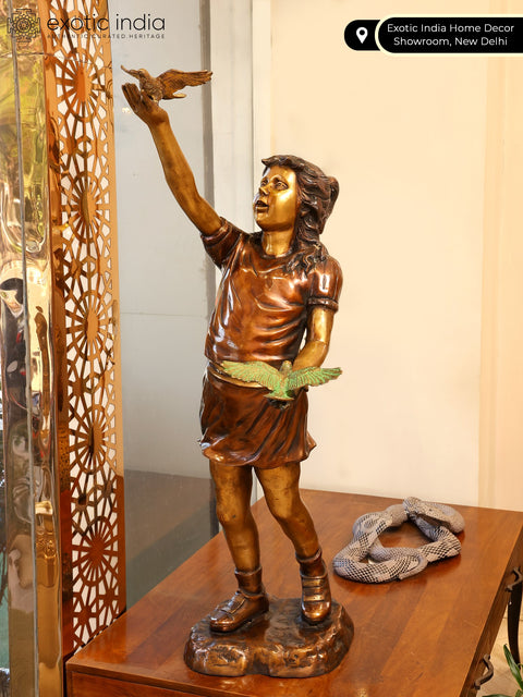46" Girl Playing with Birds | Large Size Brass Statue | Home Decor