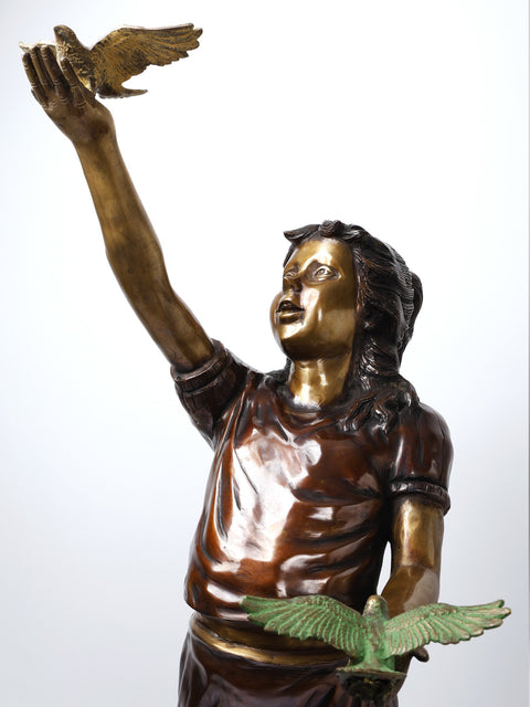 46" Girl Playing with Birds | Large Size Brass Statue | Home Decor
