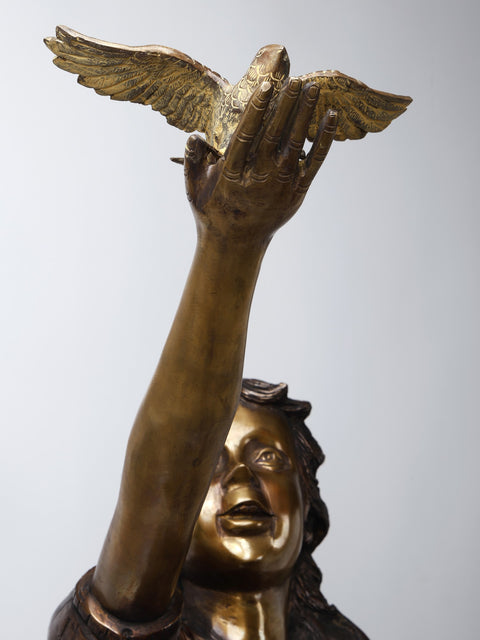 46" Girl Playing with Birds | Large Size Brass Statue | Home Decor
