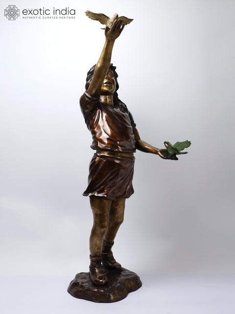 46" Girl Playing with Birds | Large Size Brass Statue | Home Decor