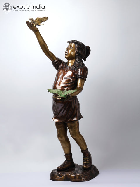 46" Girl Playing with Birds | Large Size Brass Statue | Home Decor