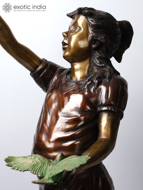 46" Girl Playing with Birds | Large Size Brass Statue | Home Decor