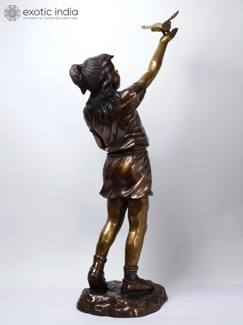 46" Girl Playing with Birds | Large Size Brass Statue | Home Decor