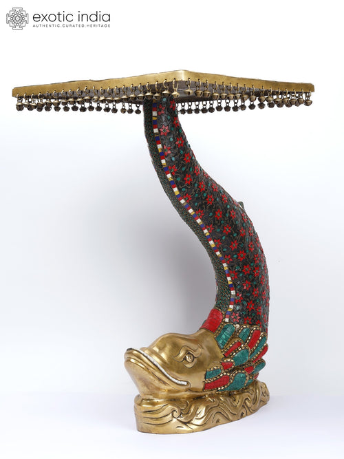 28" Designer Brass Fish Table Sculpture with Floral Inlay