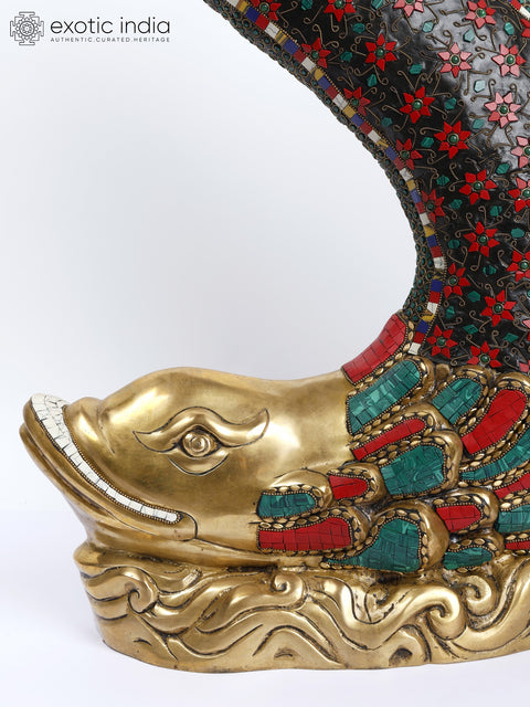 28" Designer Brass Fish Table with Floral Inlay Work
