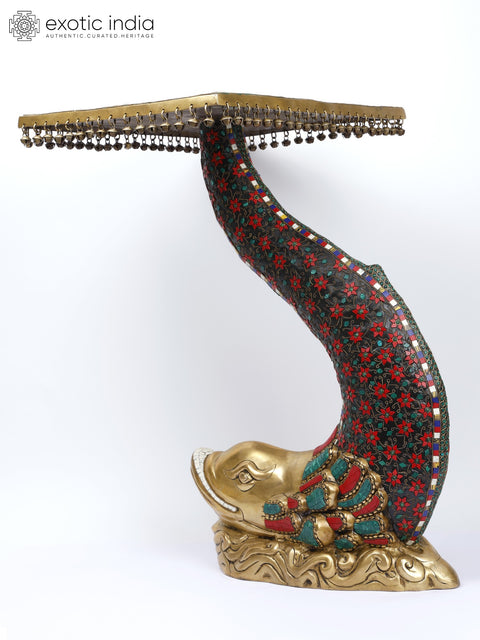 28" Designer Brass Fish Table with Floral Inlay Work