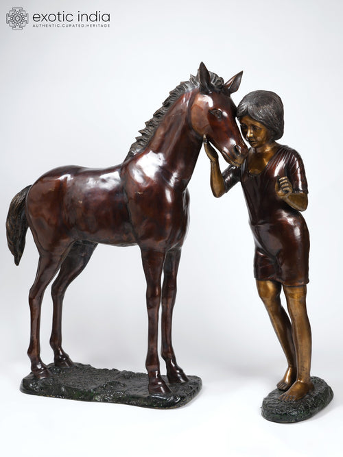 51" Girl Caressing Horse Brass Statue Handmade