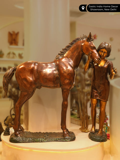 51" Girl Caressing Her Horse | Large Size Brass Statues