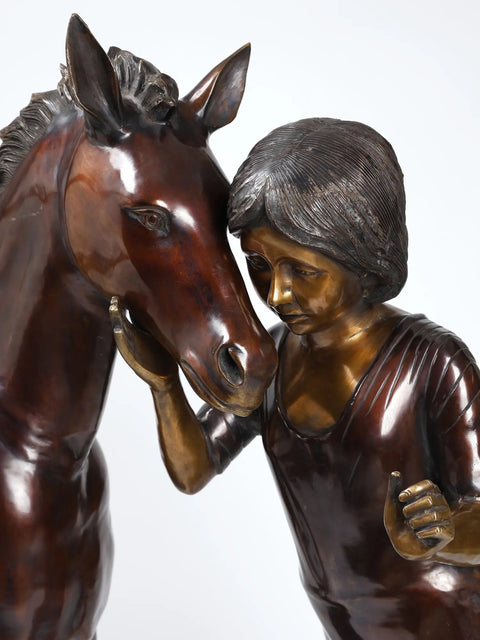 51" Girl Caressing Her Horse | Large Size Brass Statues