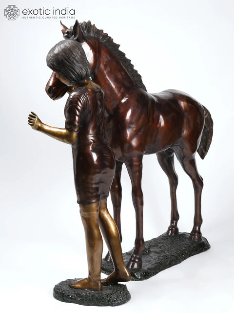 51" Girl Caressing Her Horse | Large Size Brass Statues