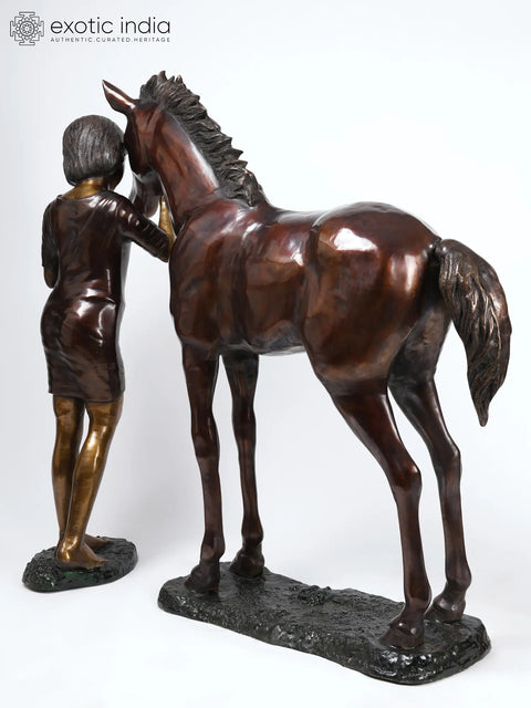 51" Girl Caressing Her Horse | Large Size Brass Statues
