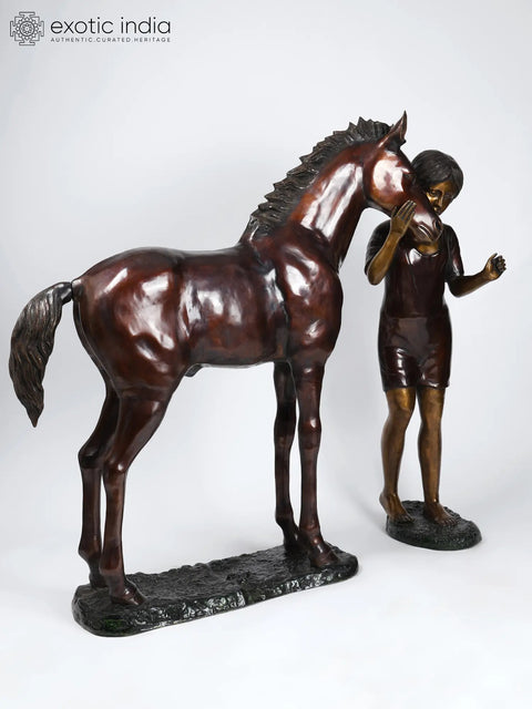 51" Girl Caressing Her Horse | Large Size Brass Statues