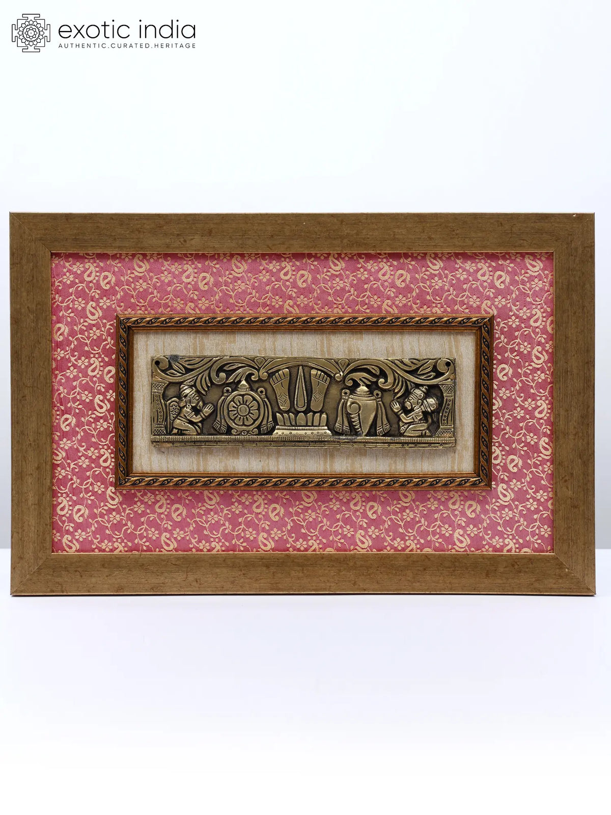 17" Vaishnava Symbols (Chakra, Tilak and Conch) with Garuda and Hanuman | Wood Framed Brass Sculpture | Wall Hanging