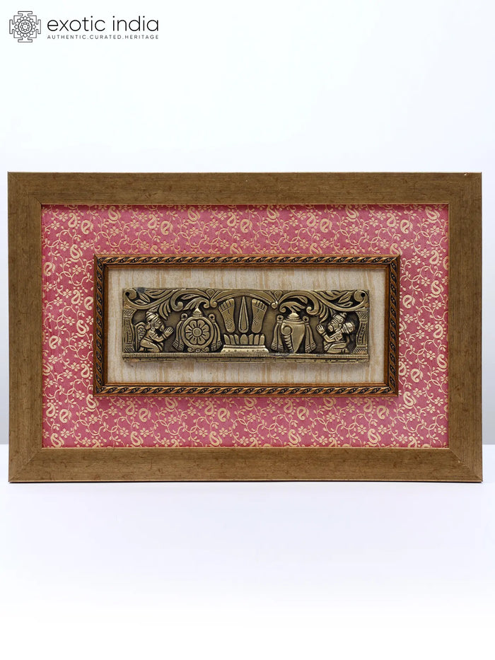 17" Vaishnava Symbols (Chakra, Tilak and Conch) with Garuda and Hanuman | Wood Framed Brass Sculpture | Wall Hanging
