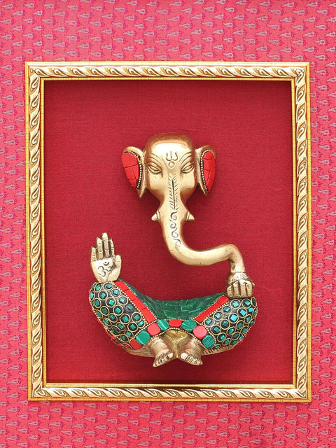 15" Stylized Lord Ganesha | Wood Framed Brass Sculpture | Wall Hanging