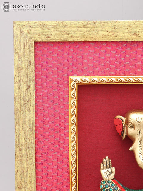 15" Stylized Lord Ganesha | Wood Framed Brass Sculpture | Wall Hanging