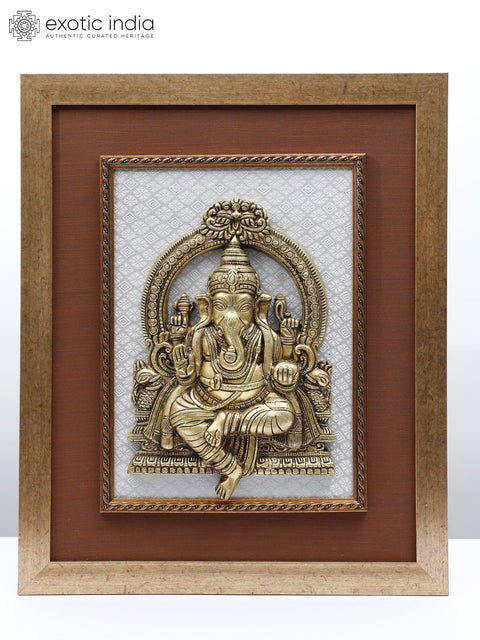 20" Blessing Lord Ganesha Seated on Kirtimukha Throne | Wood Framed Brass Sculpture | Wall Hanging