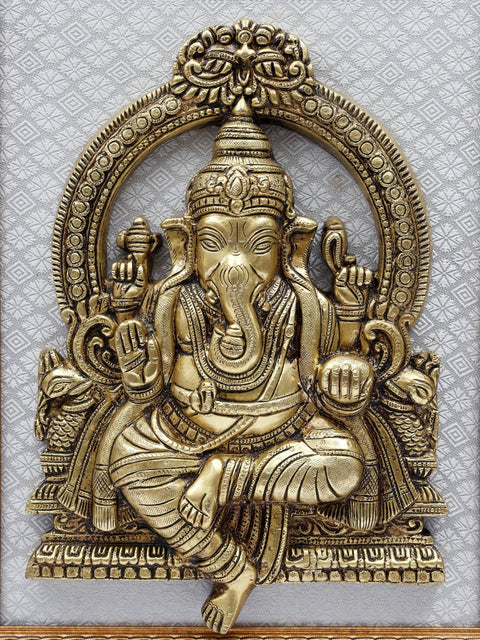 20" Blessing Lord Ganesha Seated on Kirtimukha Throne | Wood Framed Brass Sculpture | Wall Hanging