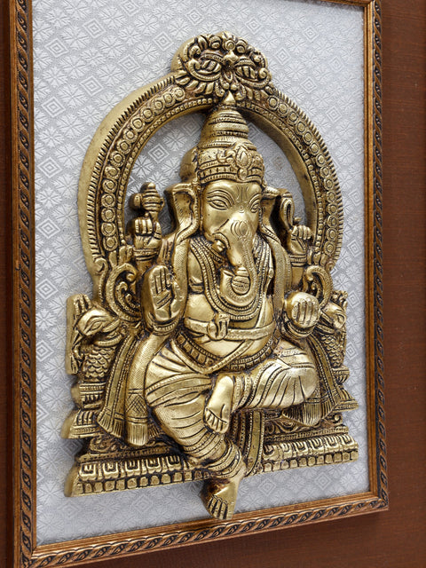 20" Blessing Lord Ganesha Seated on Kirtimukha Throne | Wood Framed Brass Sculpture | Wall Hanging