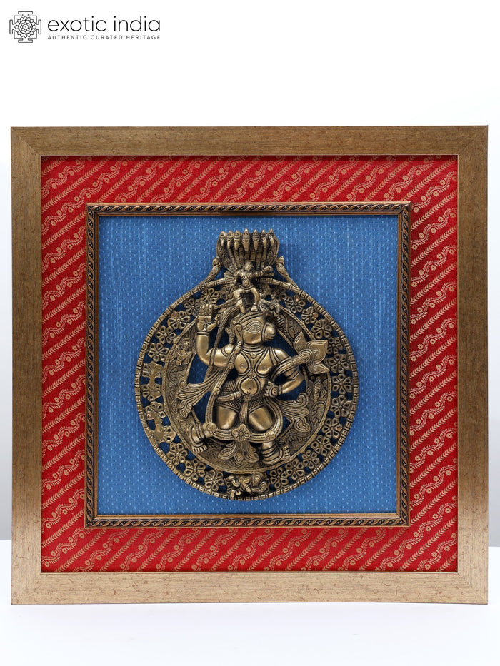 19" Lord Hanuman Brass Sculpture Wood Framed Wall Hanging