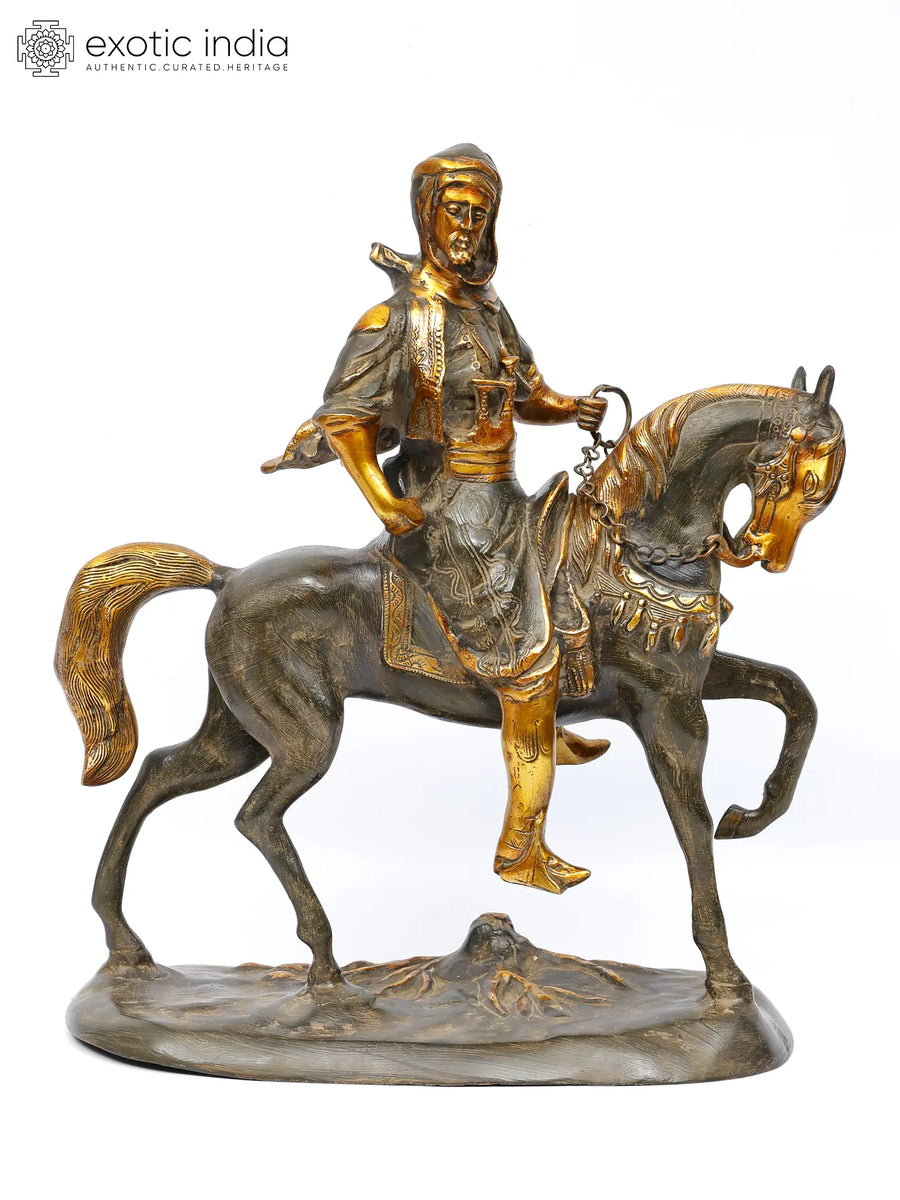 17" Brass Warrior on Horse Statue for Home Decor