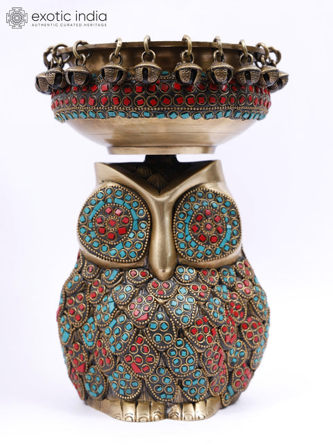 9" Designer Urli on Owl Head in Brass with Inlay Work | Table Decor